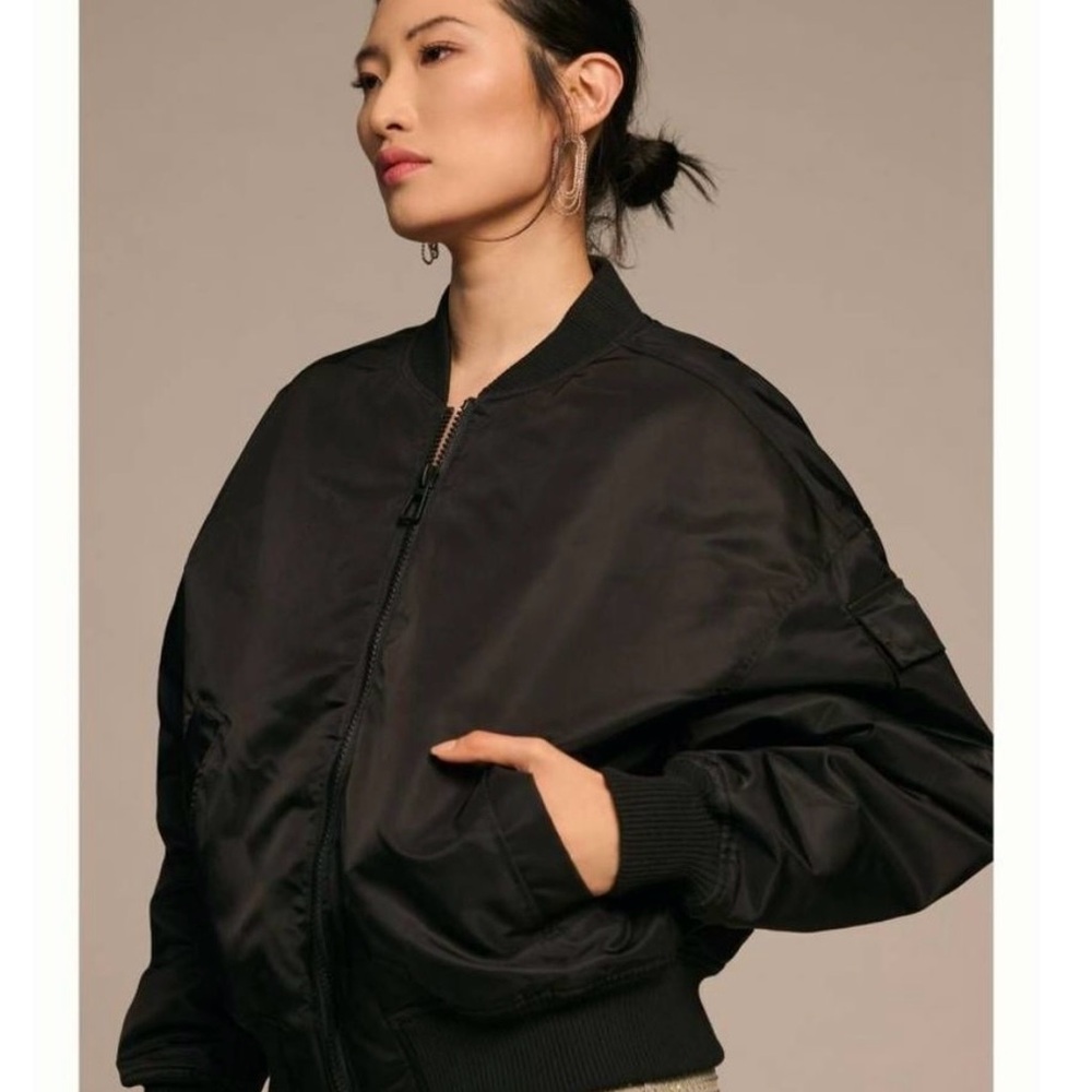 Good American black satin bomber jacket sz XS